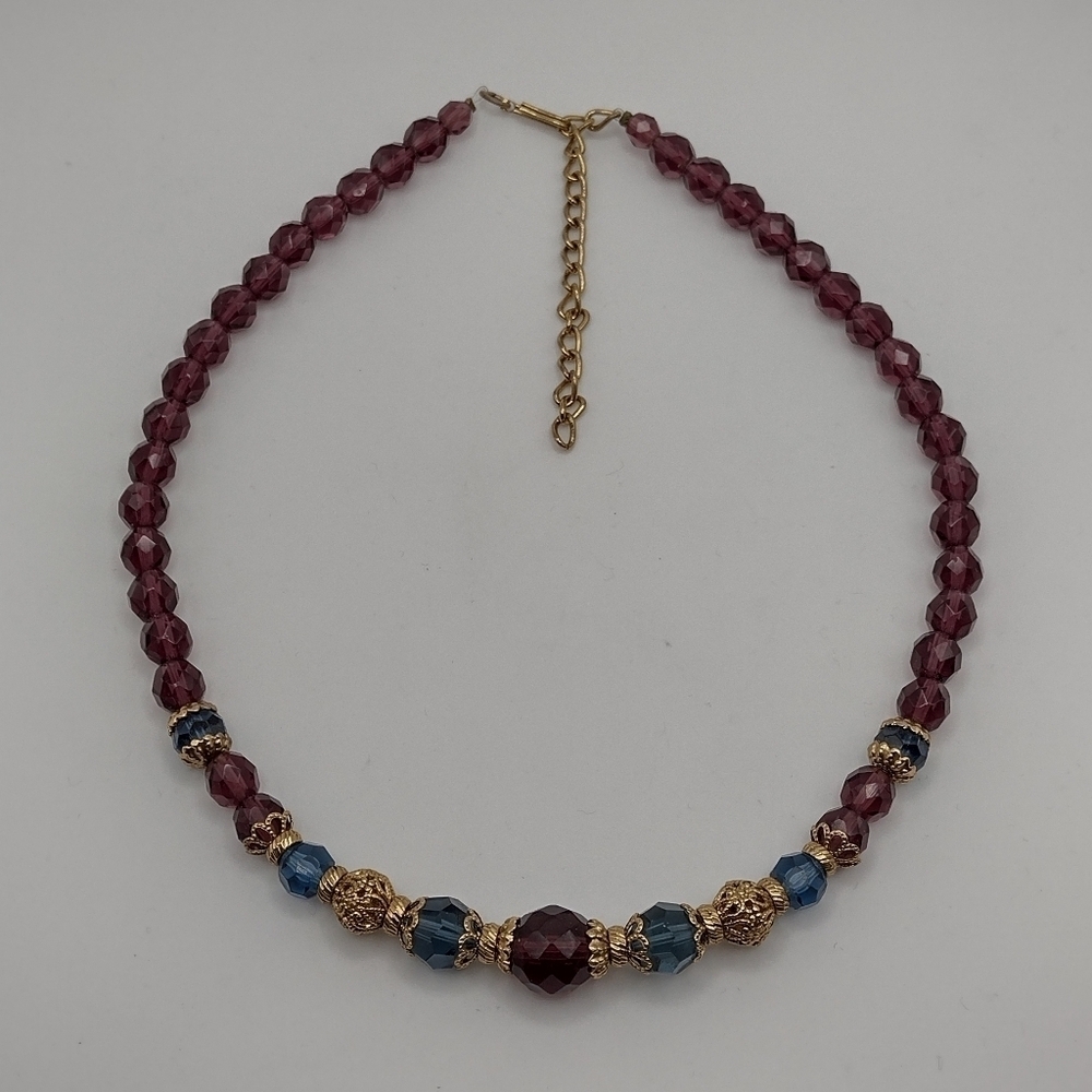 Vintage Style Glass Beaded Necklace Purple Blue and Gold - Picture 6 of 6